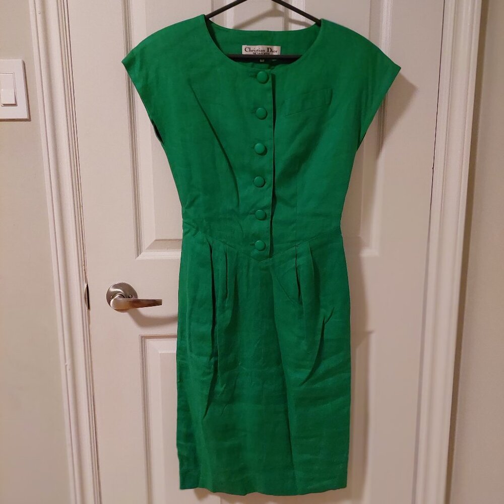 Christian Dior Green Linen 90s Dress, Size Us4 (Japan 9)